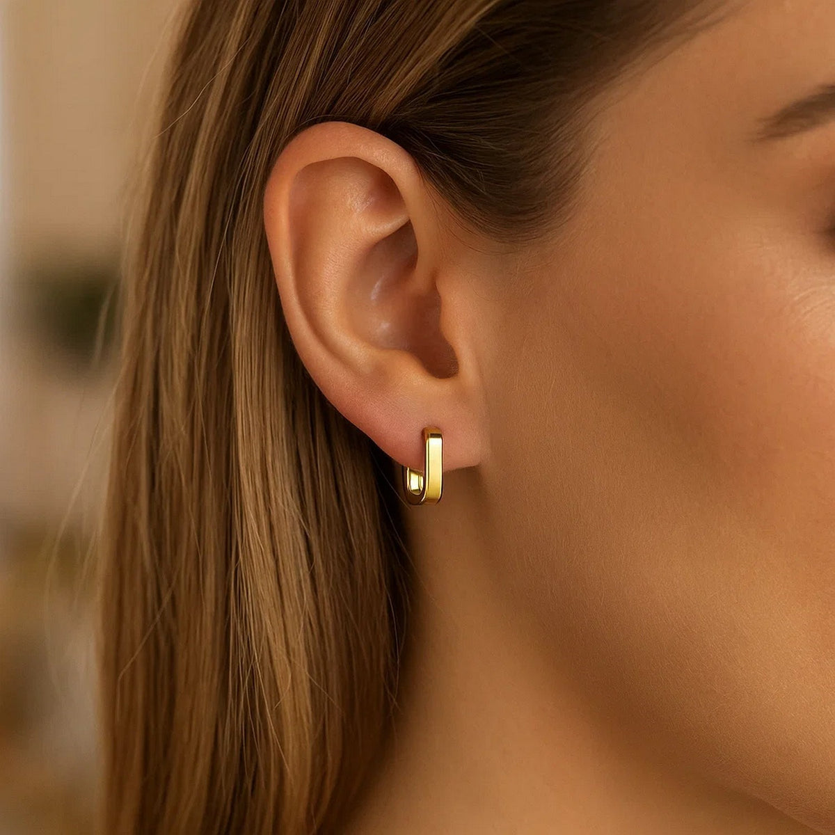 14K Yellow Gold Small Square Huggie Hoops, view 3