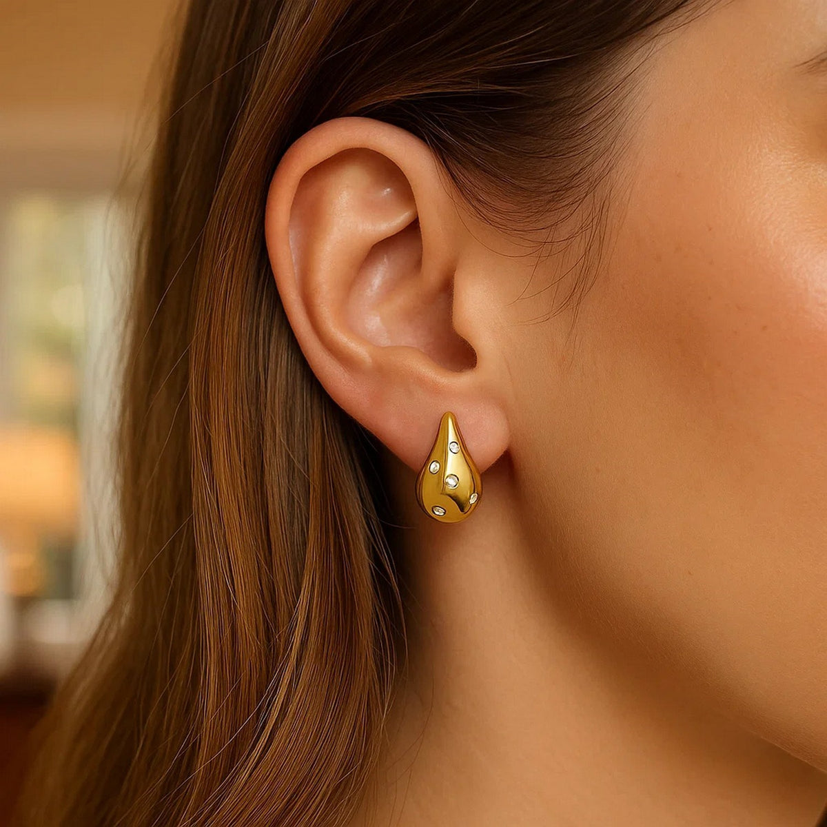 14K Yellow Gold Diamond Raindrop Earrings, view 4