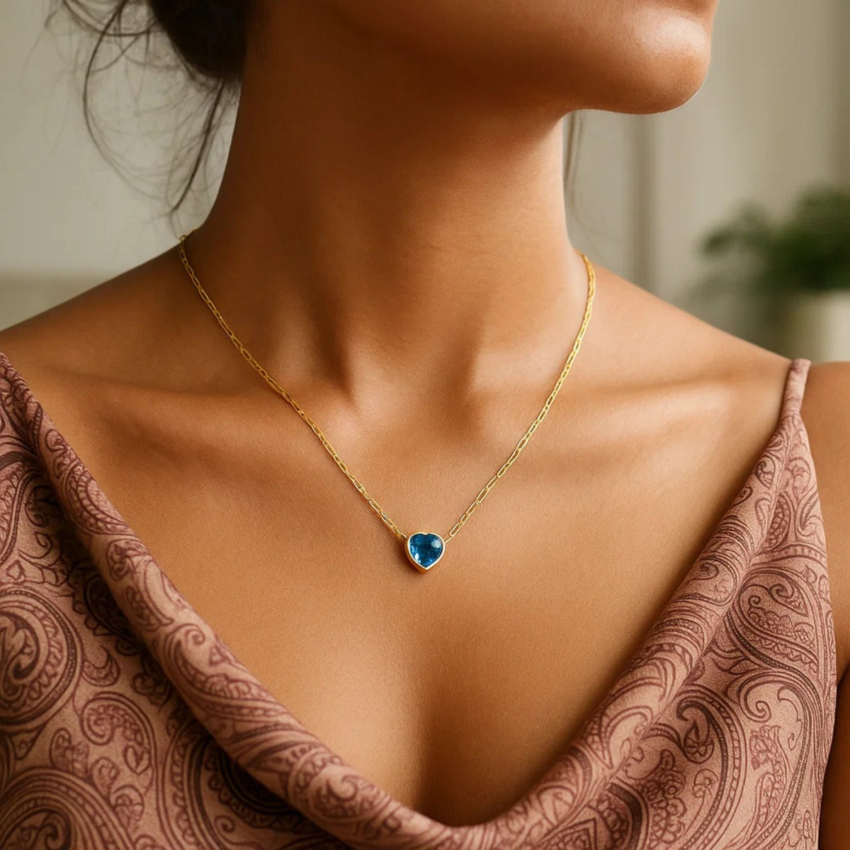 14K Yellow Gold Blue Topaz Heart Necklace (1.50 mm), view 4