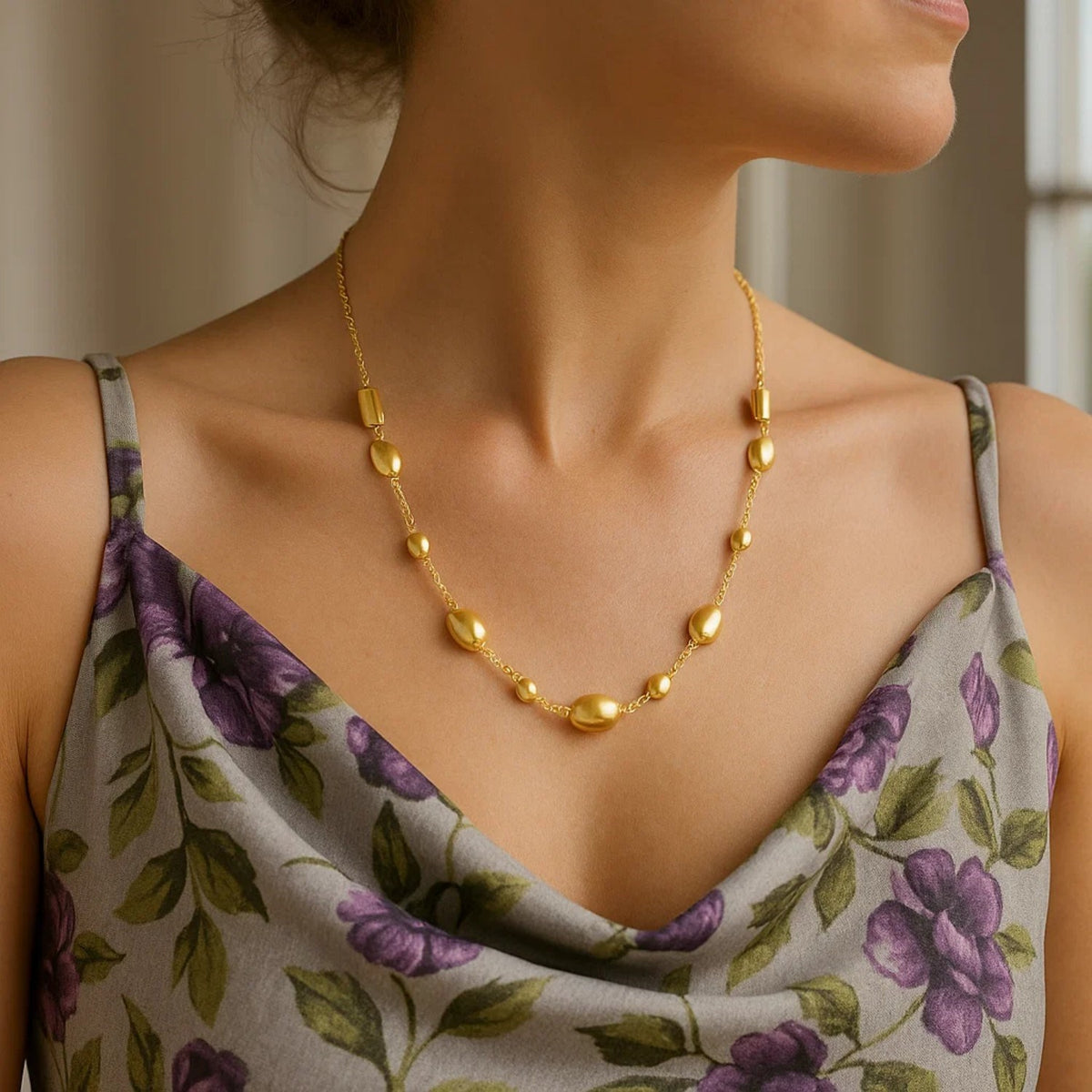 Adjustable Puff Pebble Necklace in 14K Yellow Gold, view 4