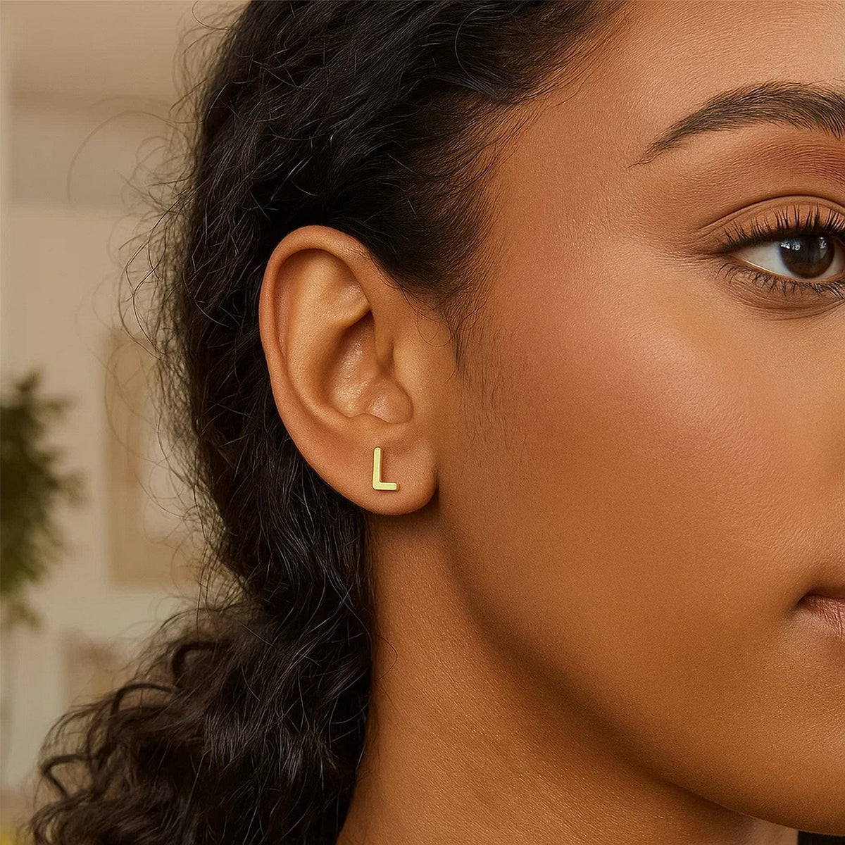 14K Yellow Gold Yours Truly Initial L Stud Earrings, view 3