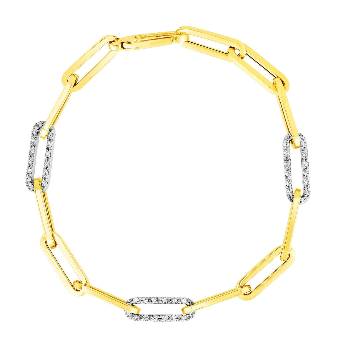 14K Yellow Gold inch Paperclip Chain Bracelet with Three Diamond Links (2.00 mm)