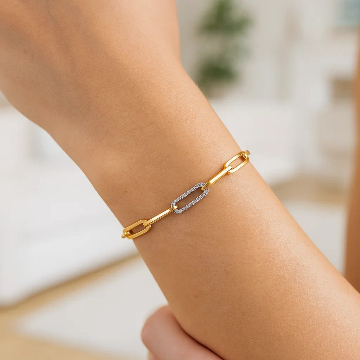 14K Yellow Gold inch Paperclip Chain Bracelet with Three Diamond Links (2.00 mm), view 5