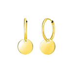 14K Yellow Gold Huggie Style Hoop Earrings with Circle Drops