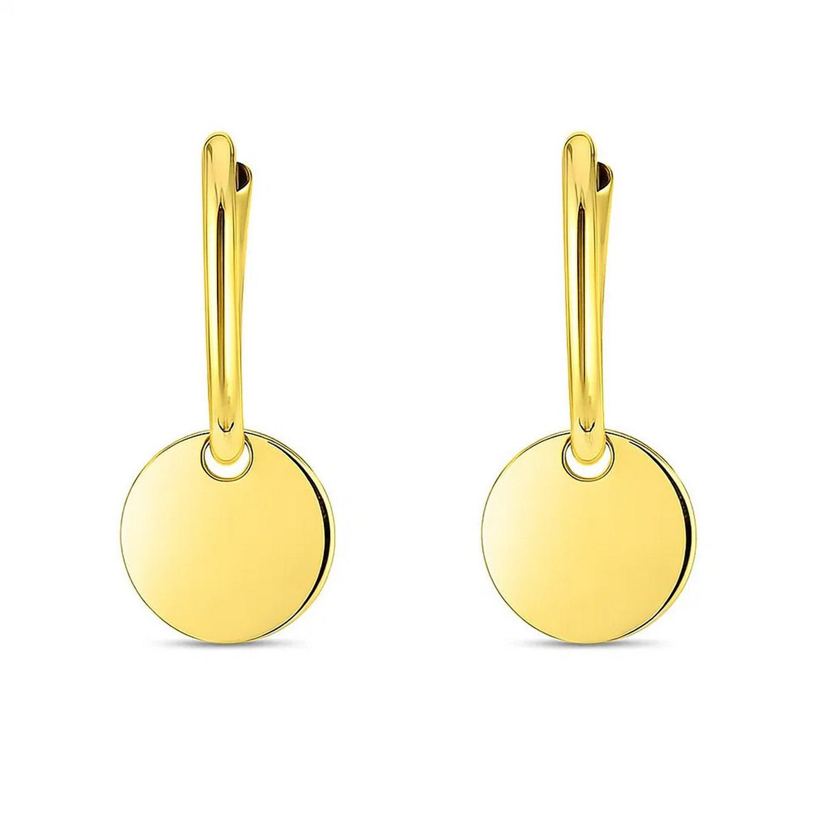 14K Yellow Gold Huggie Style Hoop Earrings with Circle Drops, view 2
