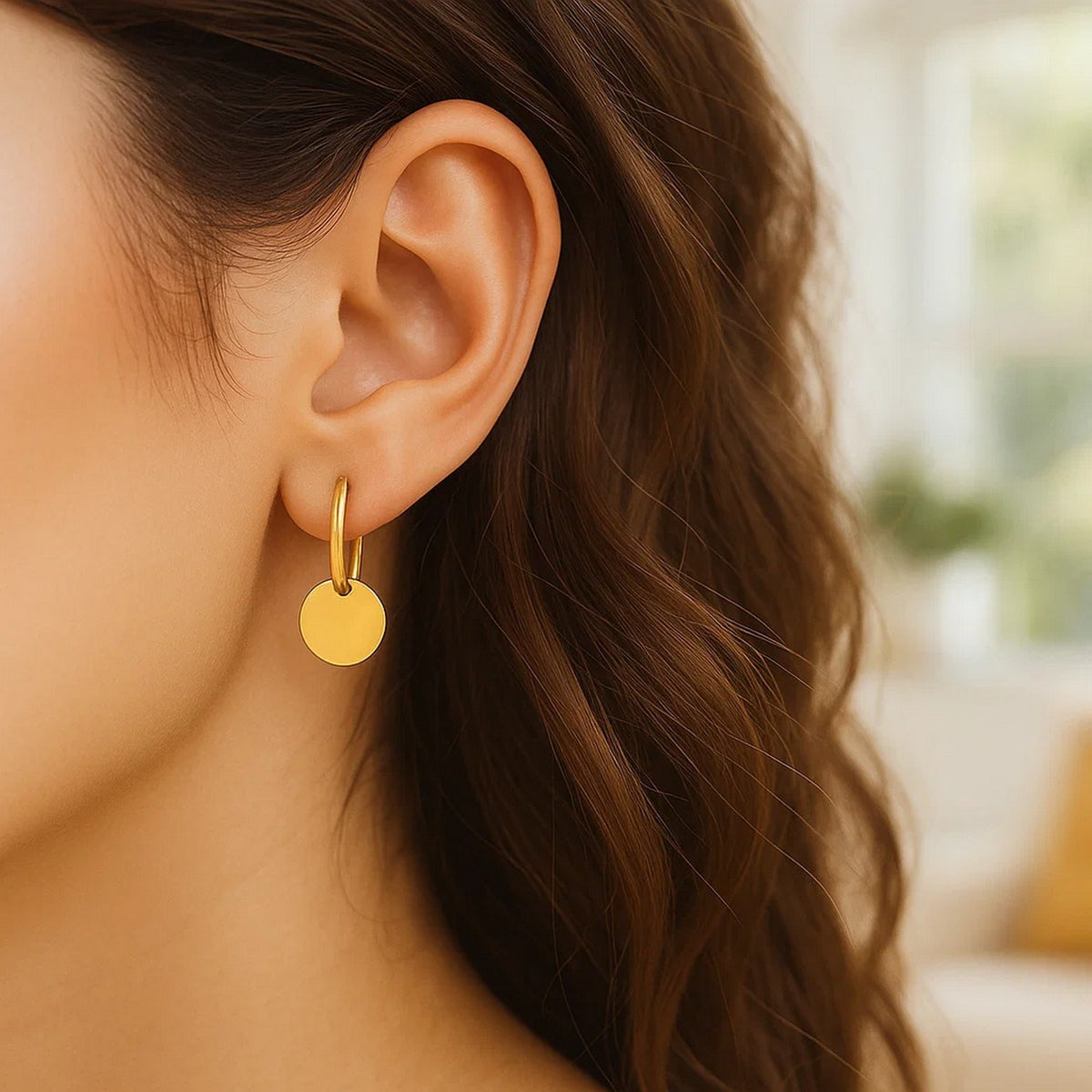 14K Yellow Gold Huggie Style Hoop Earrings with Circle Drops, view 5