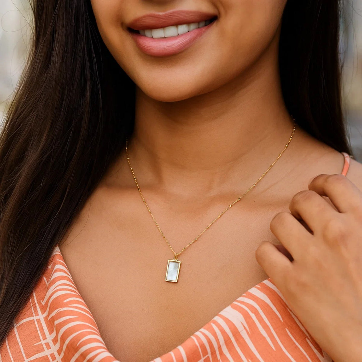 MOP Geometric Gem Rectangle Necklace in 14K Yellow Gold, view 6