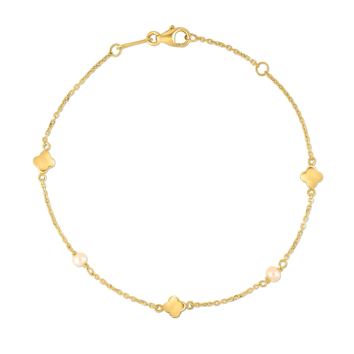 14K Yellow Gold Pearl Clover Bracelet, view 2