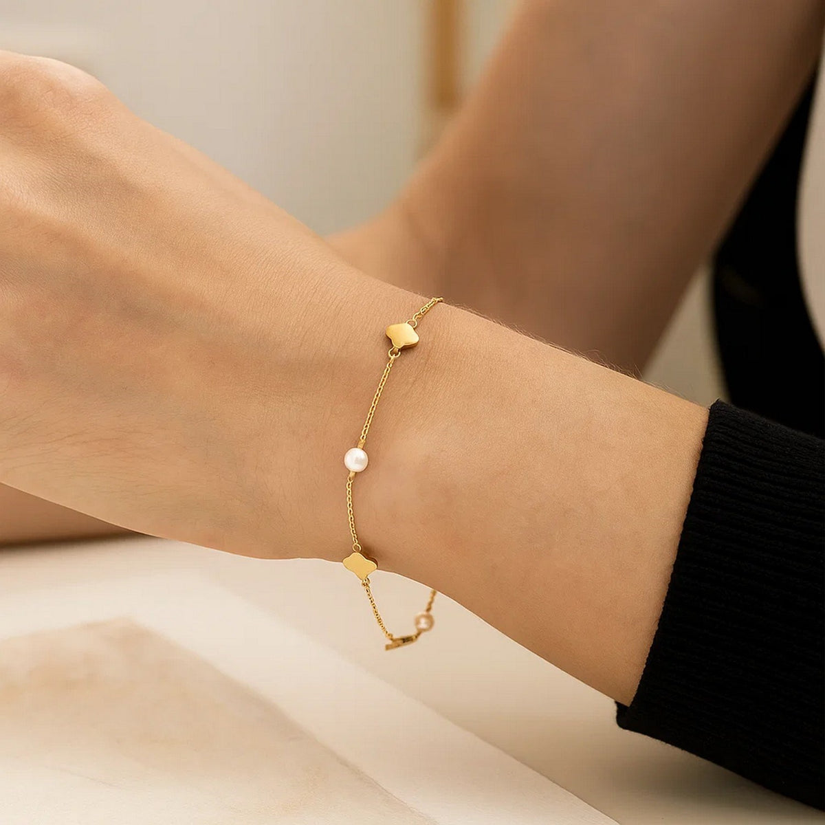 14K Yellow Gold Pearl Clover Bracelet, view 4