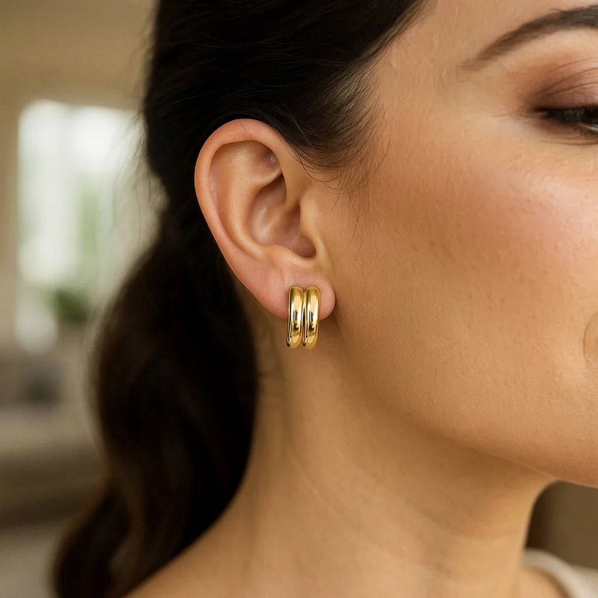 14K Yellow Gold Polished Double Row C Hoop Earrings, view 3