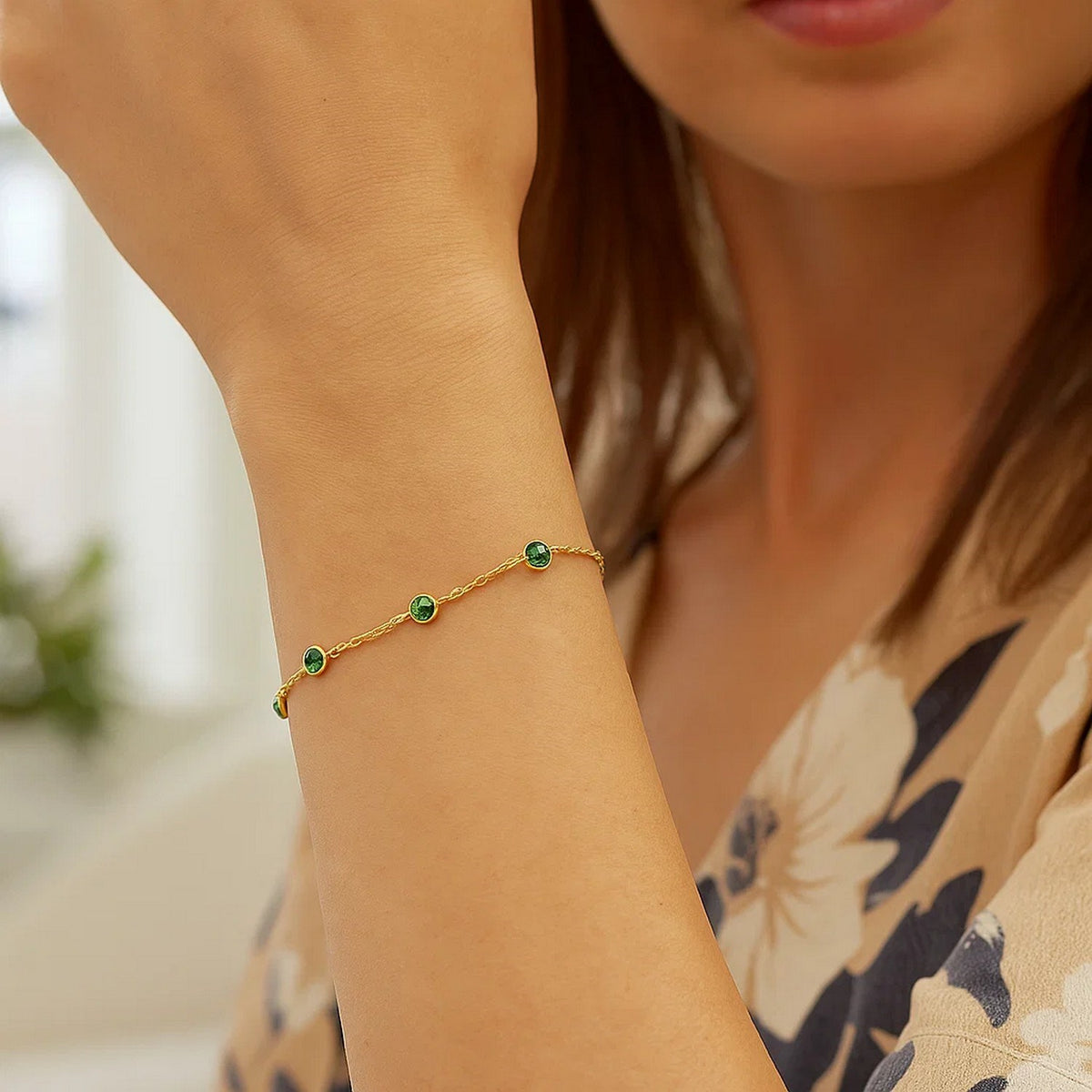 14K Yellow Gold Emerald Station Bracelet, view 5
