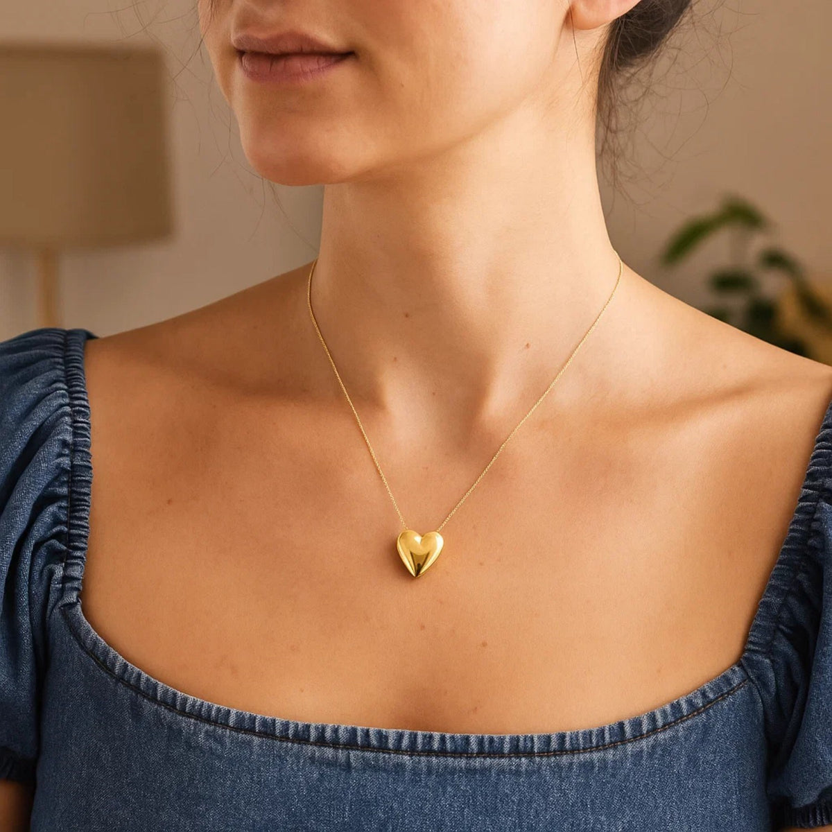 Large Puffed Heart Necklace in 14K Yellow Gold, view 5