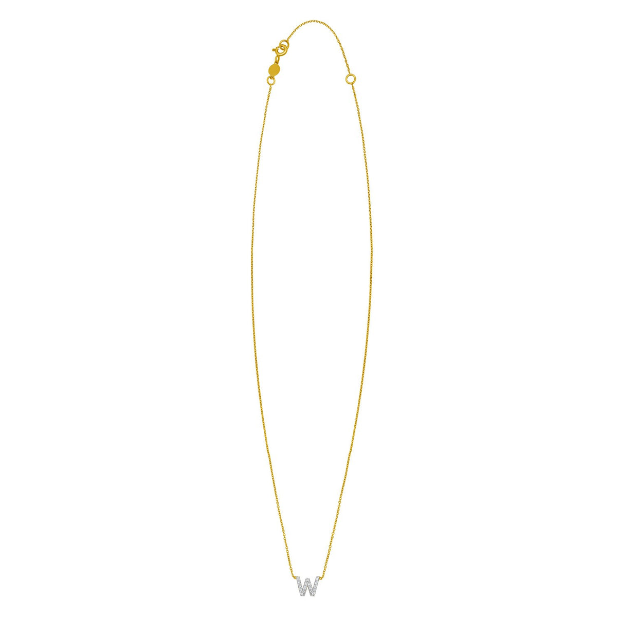 14K Yellow Gold Mini Diamond W Initial Pendant Necklace, view 2