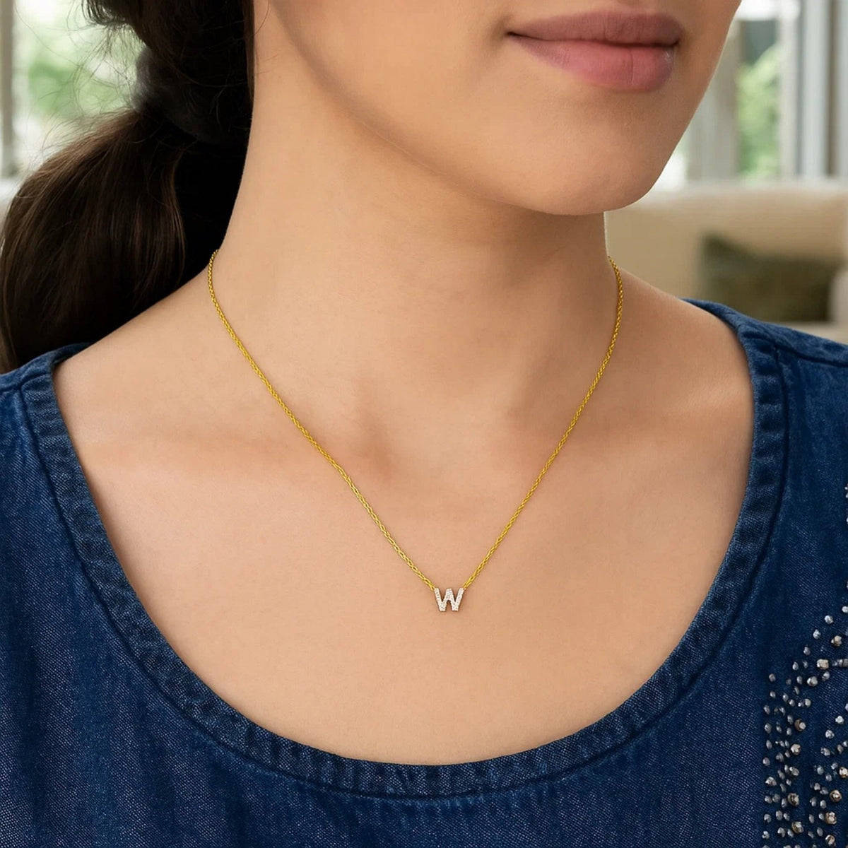 14K Yellow Gold Mini Diamond W Initial Pendant Necklace, view 4