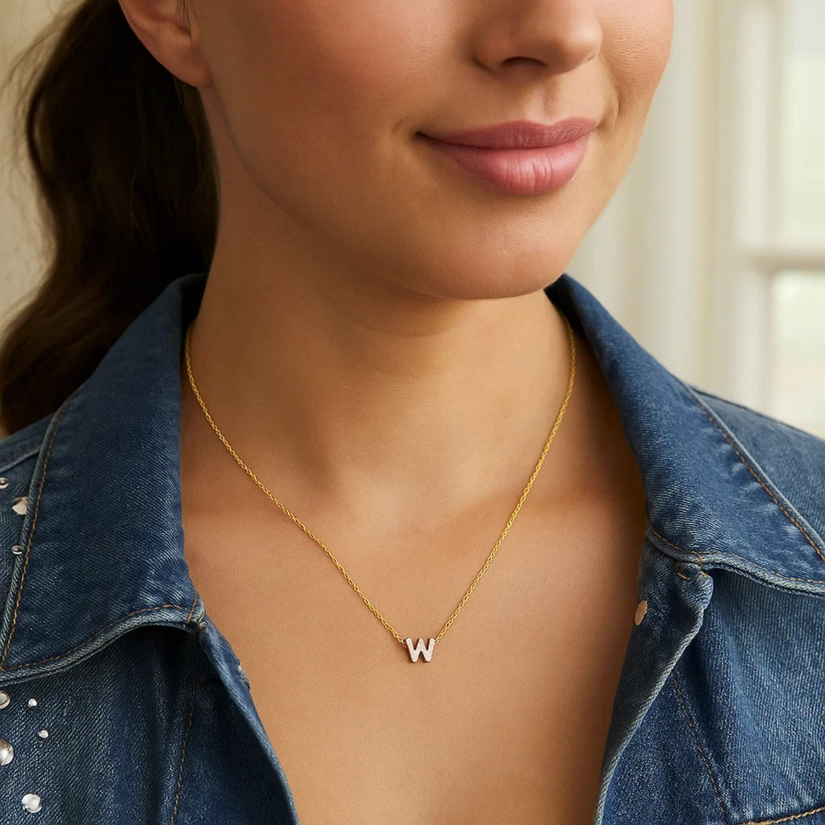 14K Yellow Gold Mini Diamond W Initial Pendant Necklace, view 5