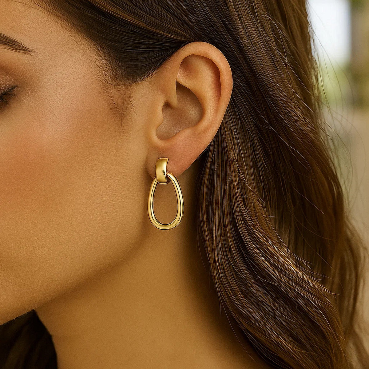 14K Yellow Gold Interlocking Drop Hoop Earrings, view 3