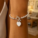 Sterling Silver Rhodium Plated Bead Toggle Heart Bracelet, view 4