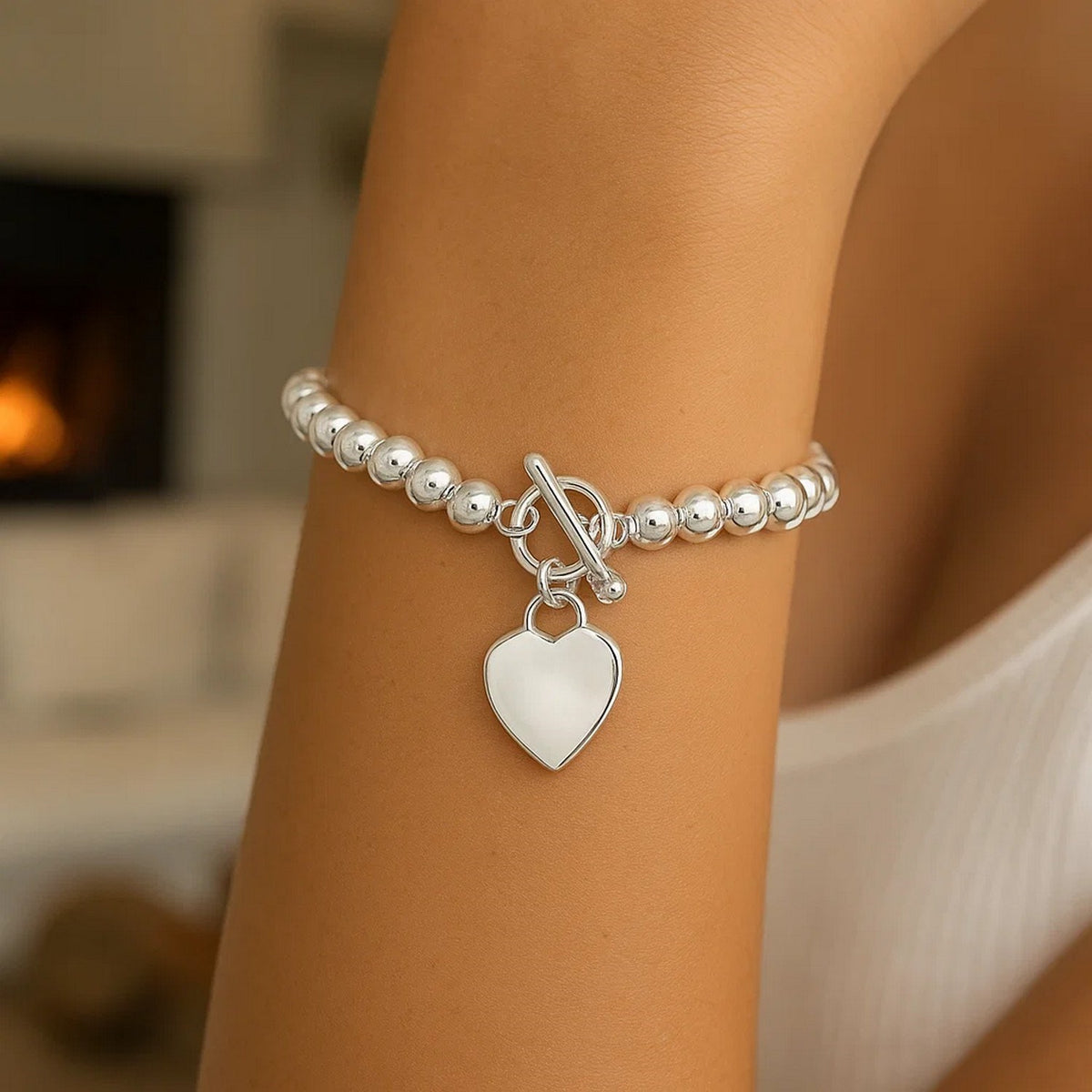 Sterling Silver Rhodium Plated Bead Toggle Heart Bracelet, view 5