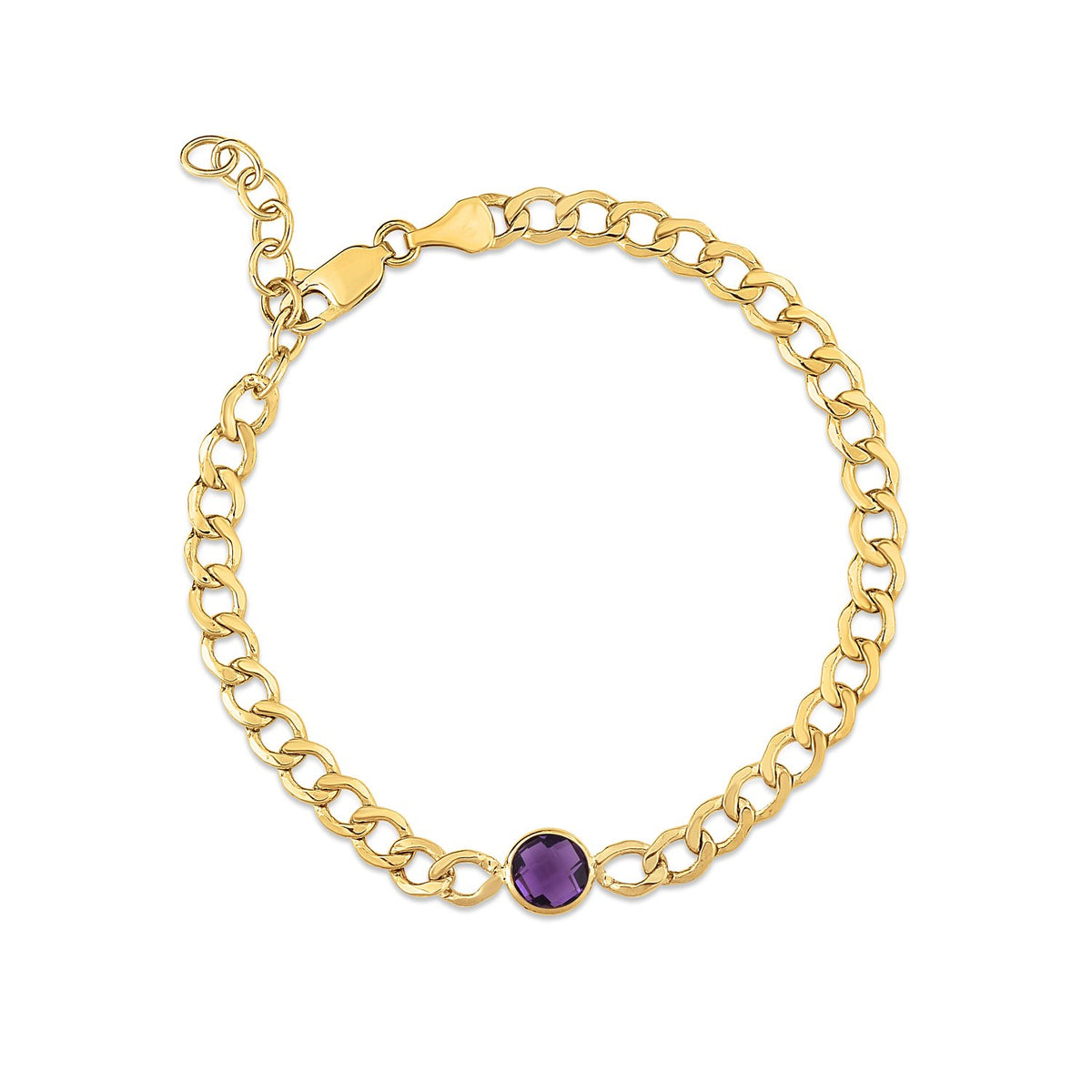 14K Yellow Gold Amethyst Curb Chain Bracelet (3.60 mm), view 2
