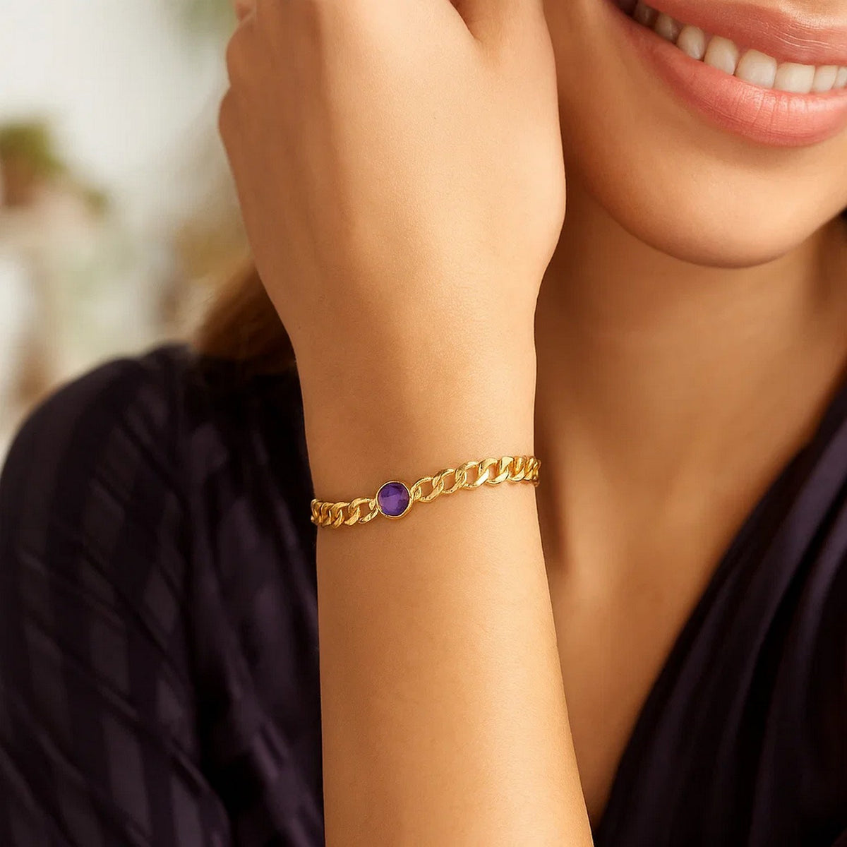 14K Yellow Gold Amethyst Curb Chain Bracelet (3.60 mm), view 4