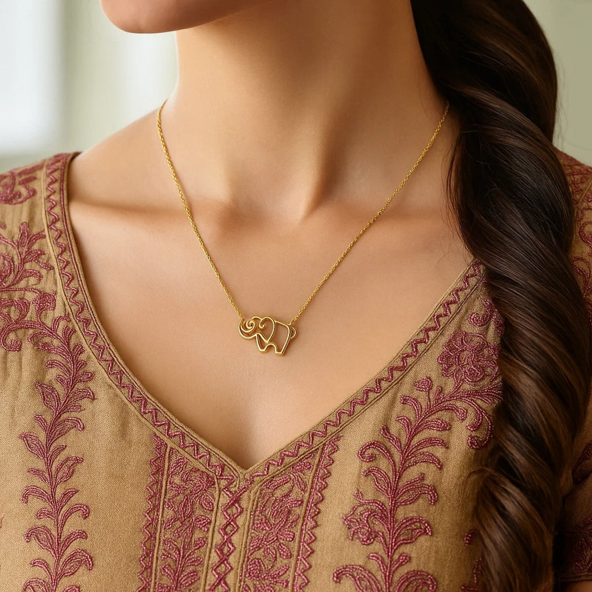 14K Yellow Gold Elephant Necklace, view 2