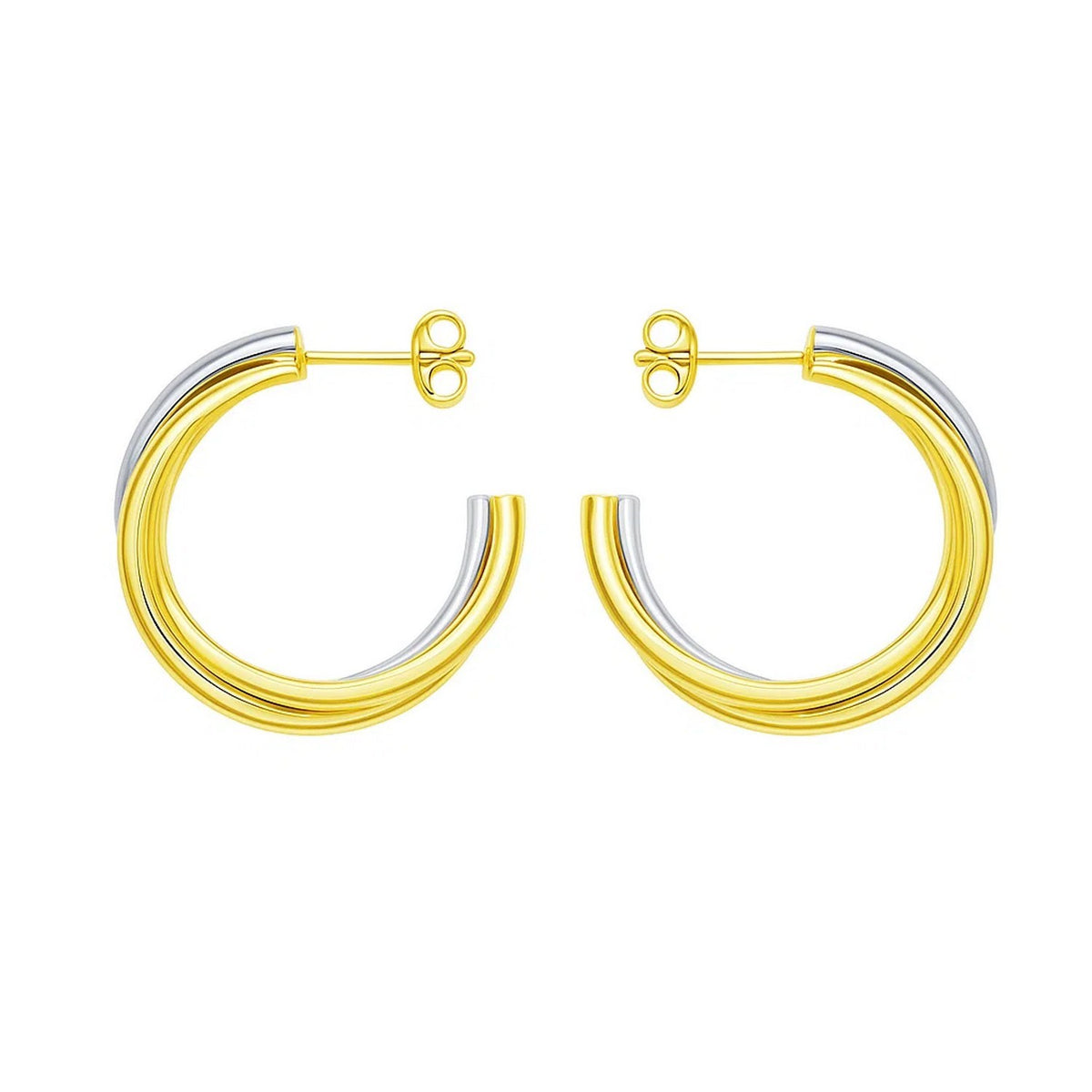 14K Two Tone Gold Interlocking Trinity C Hoop Earrings, view 2