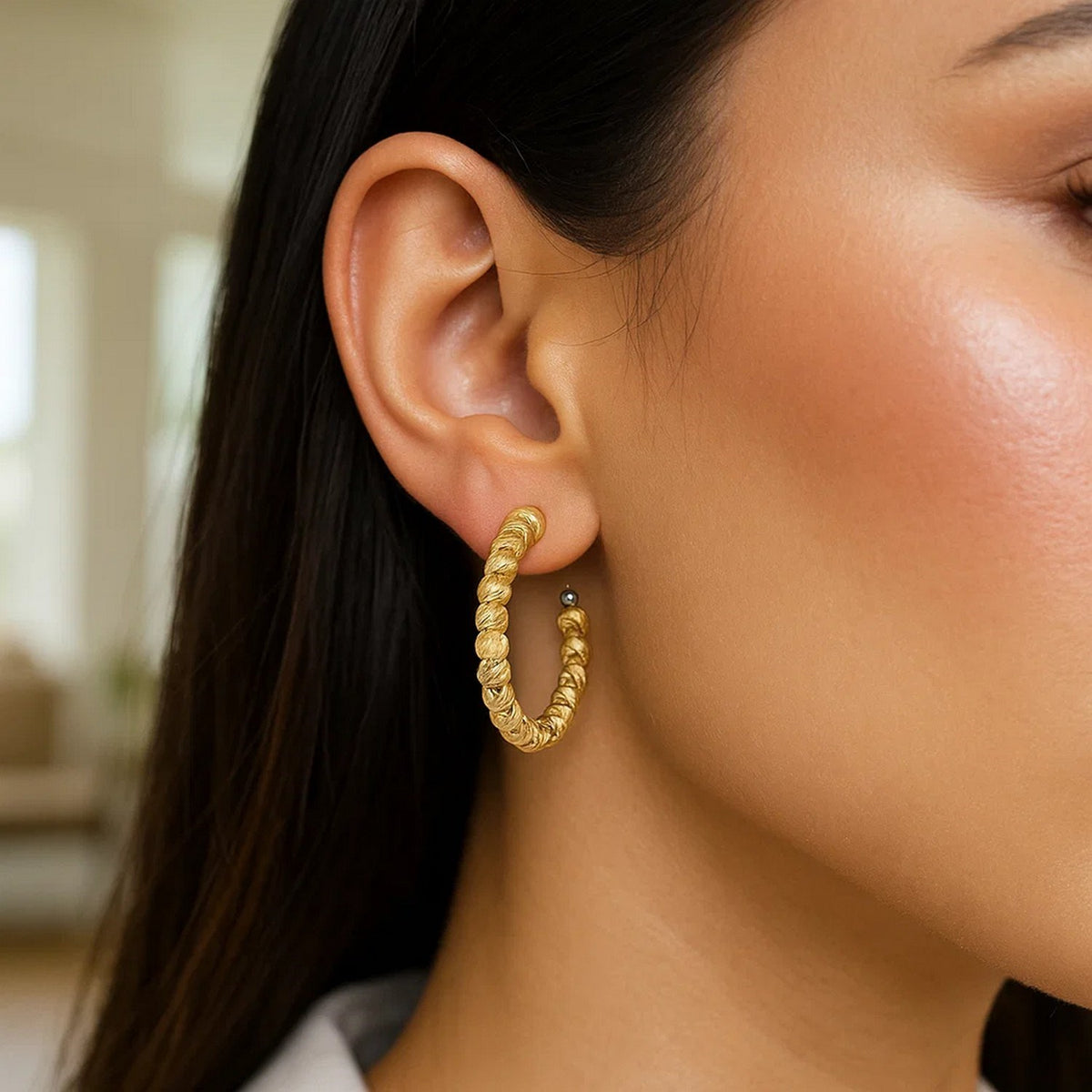 14K Yellow Gold Bead Hoop Earrings, view 2