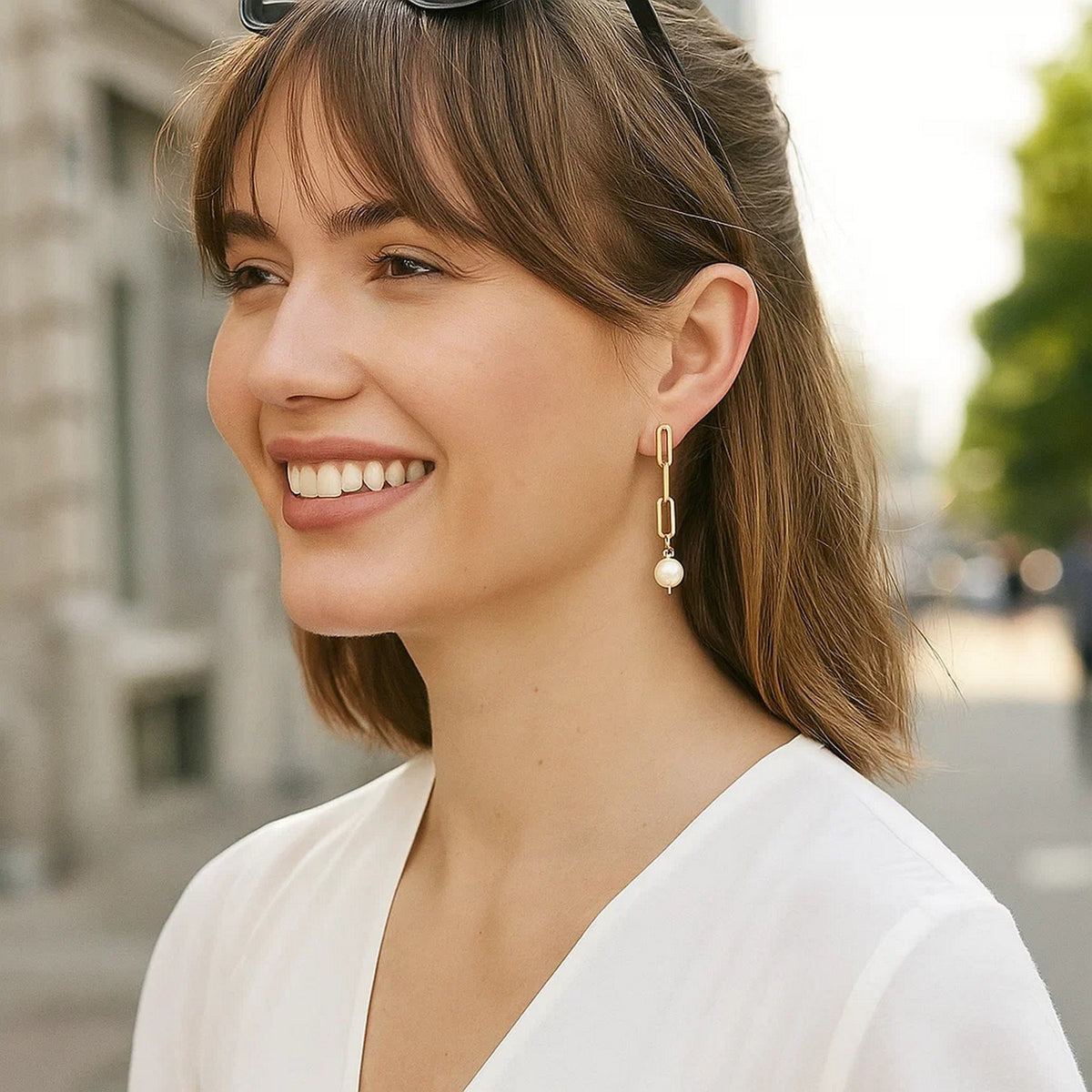 14K Yellow Gold Paperclip Chain Link Earrings with Pearls, view 3