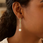 14K Yellow Gold Paperclip Chain Link Earrings with Pearls, view 4