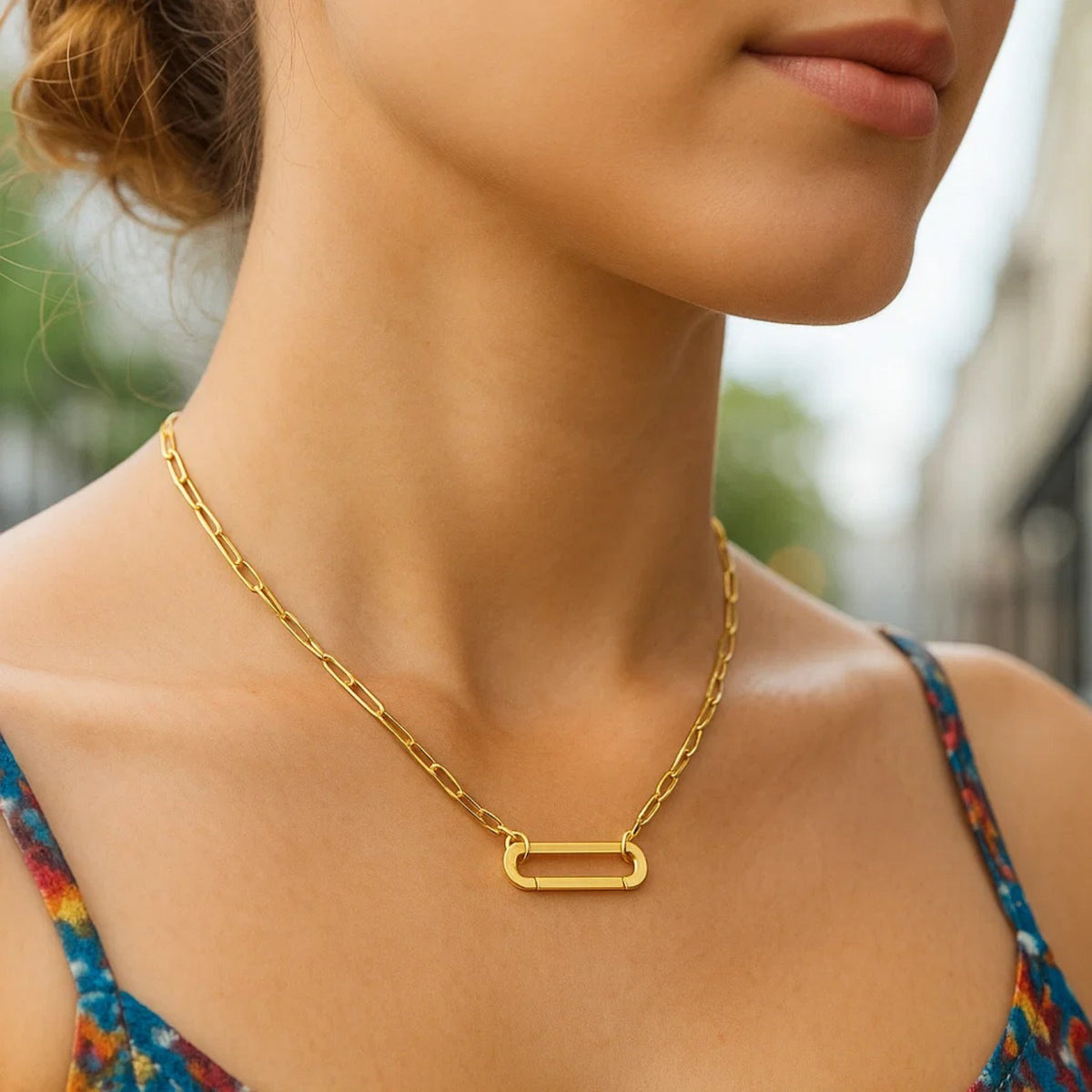 14K Yellow Gold Elongated Link Paperclip Necklace, view 6