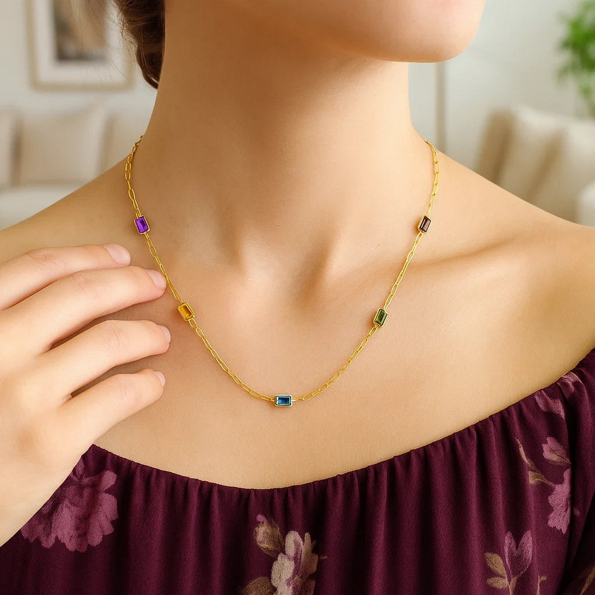 14K Yellow Gold Multi Gemstone Paperclip Necklace (1.50 mm), view 5