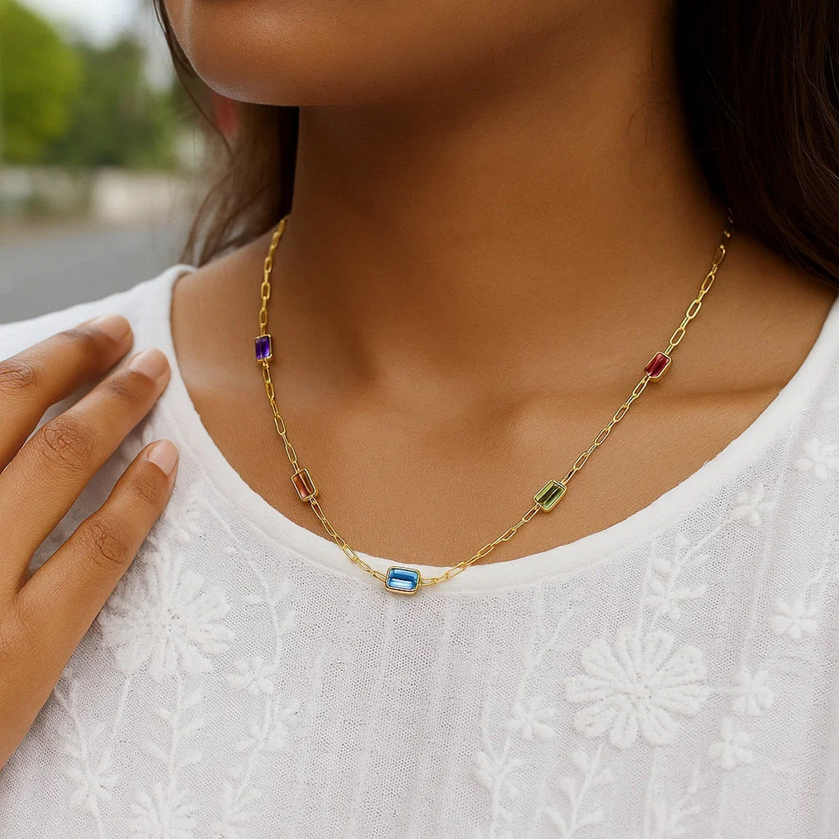 14K Yellow Gold Multi Gemstone Paperclip Necklace (1.50 mm), view 6