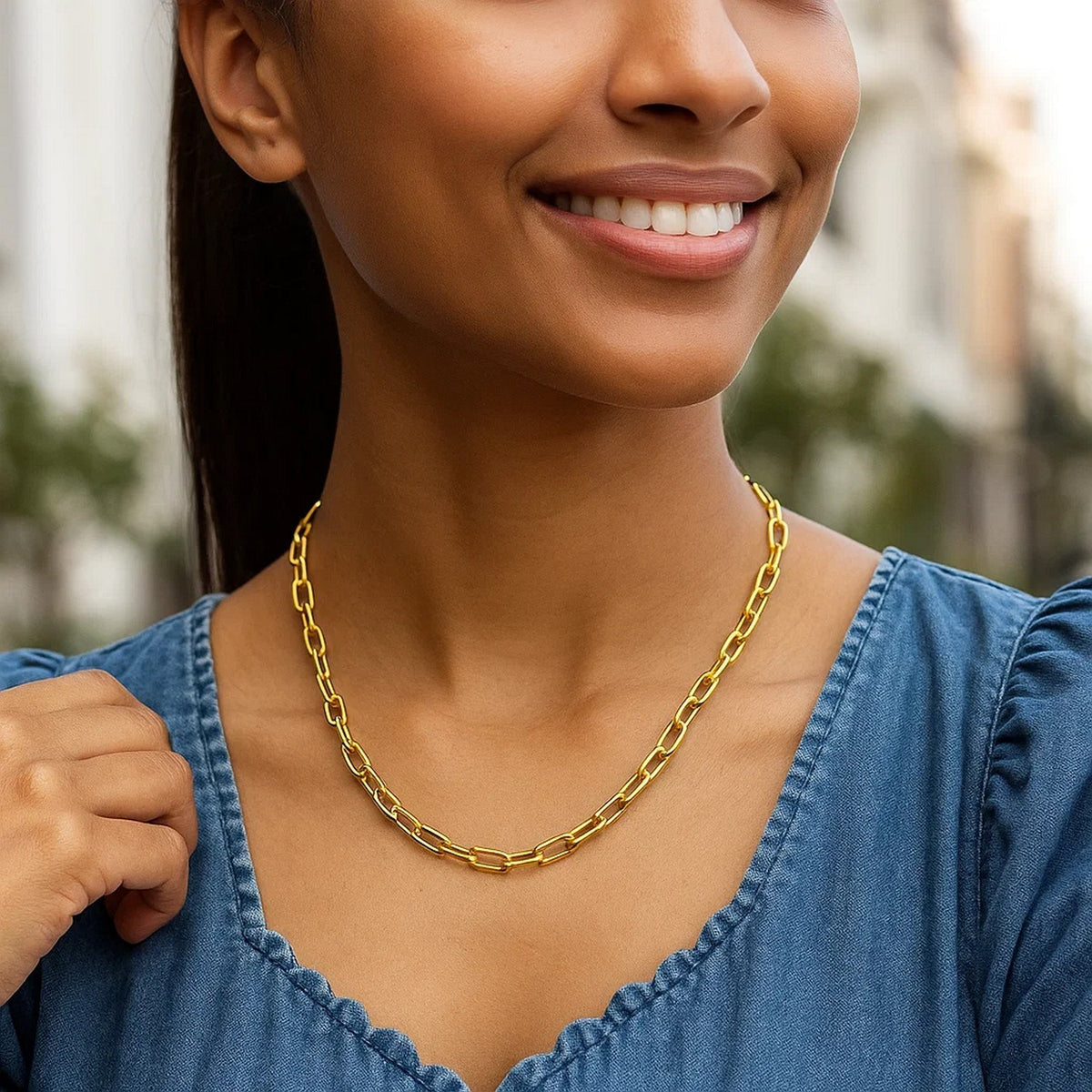 14K Yellow Gold Charm Lock Paperclip Chain, view 4