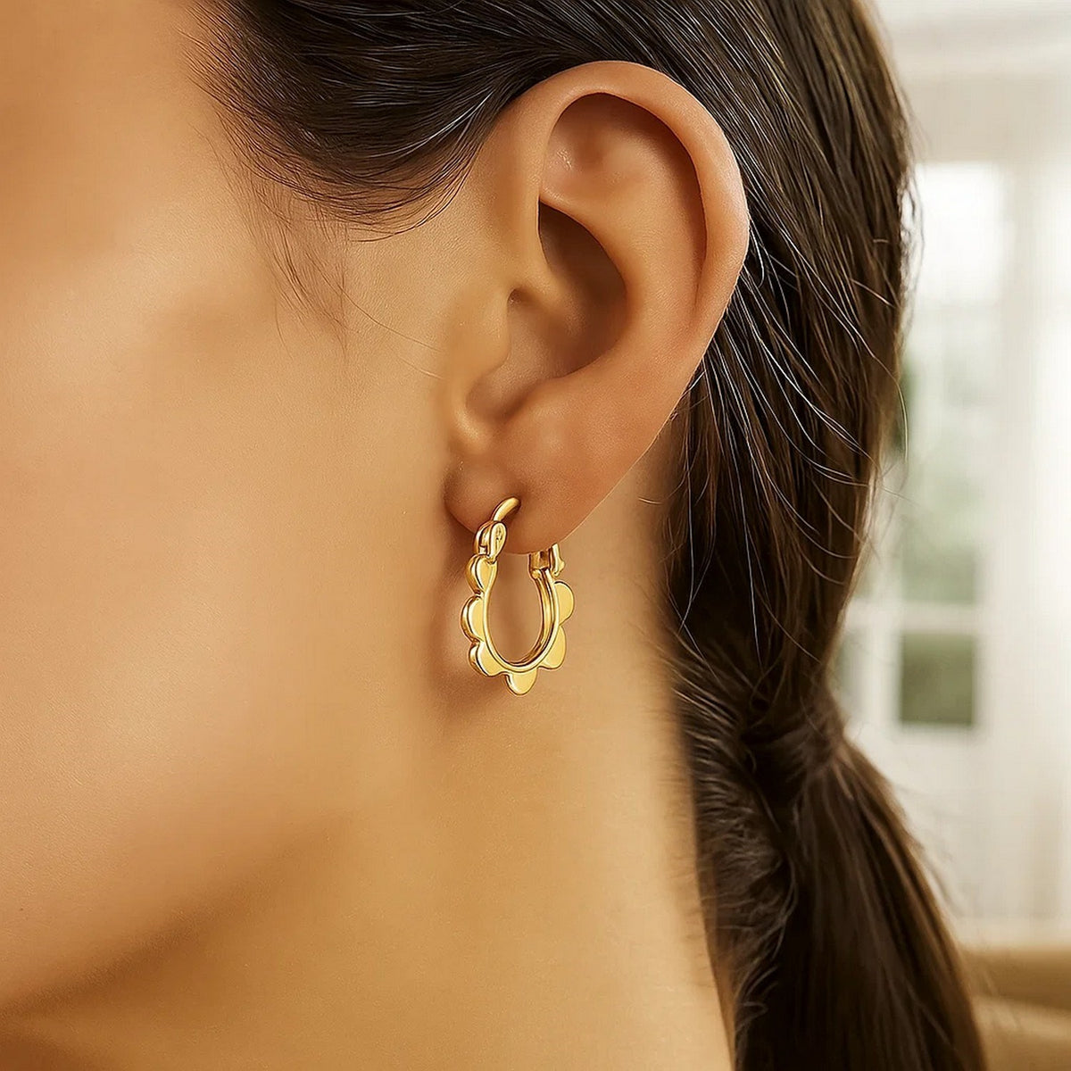 14K Yellow Gold Scalloped Hoop Earrings, view 2