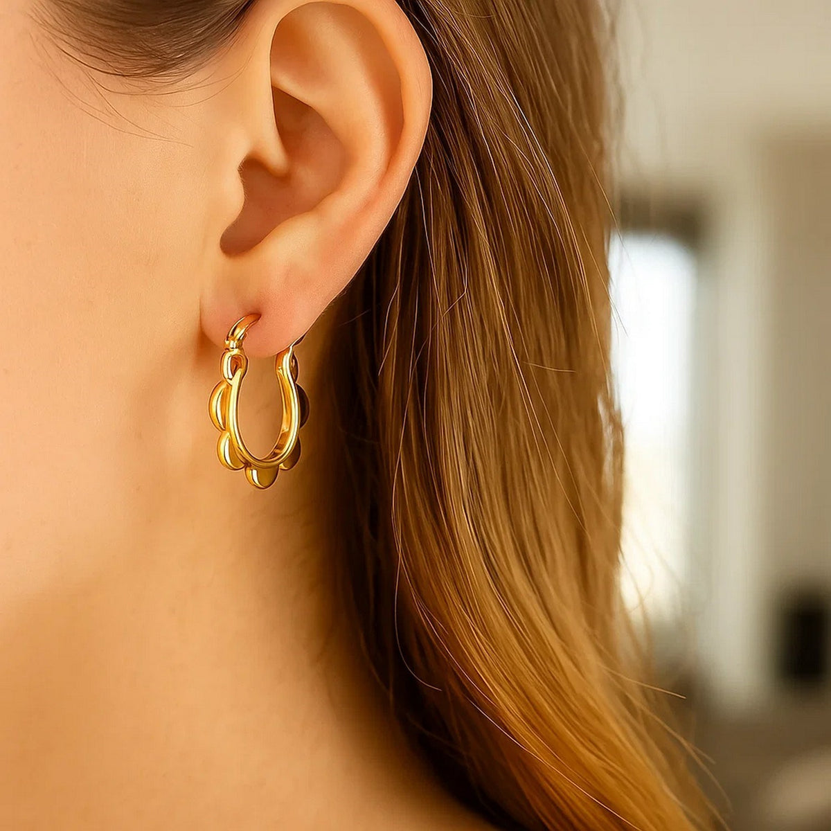 14K Yellow Gold Scalloped Hoop Earrings, view 3