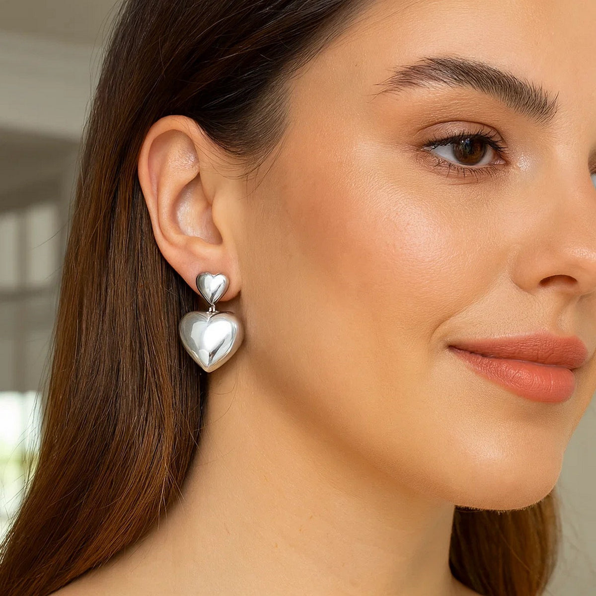 Sterling Silver Rhodium Plated Puffed Double Heart Drop Earrings, view 2