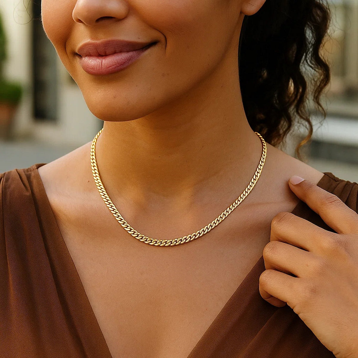 14K Yellow Gold Petite Faceted Cuban Link Chain Necklace (4.50 mm), view 5