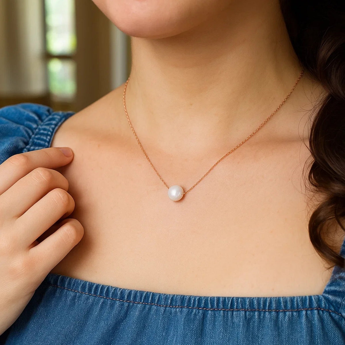 14K Rose Gold Pearl Solitaire Necklace, view 2