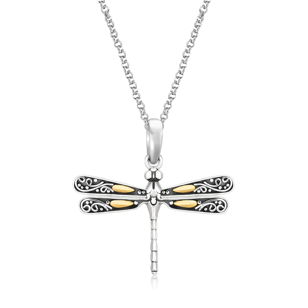 18K Yellow Gold and Sterling Silver Pendant in a Dragonfly Design