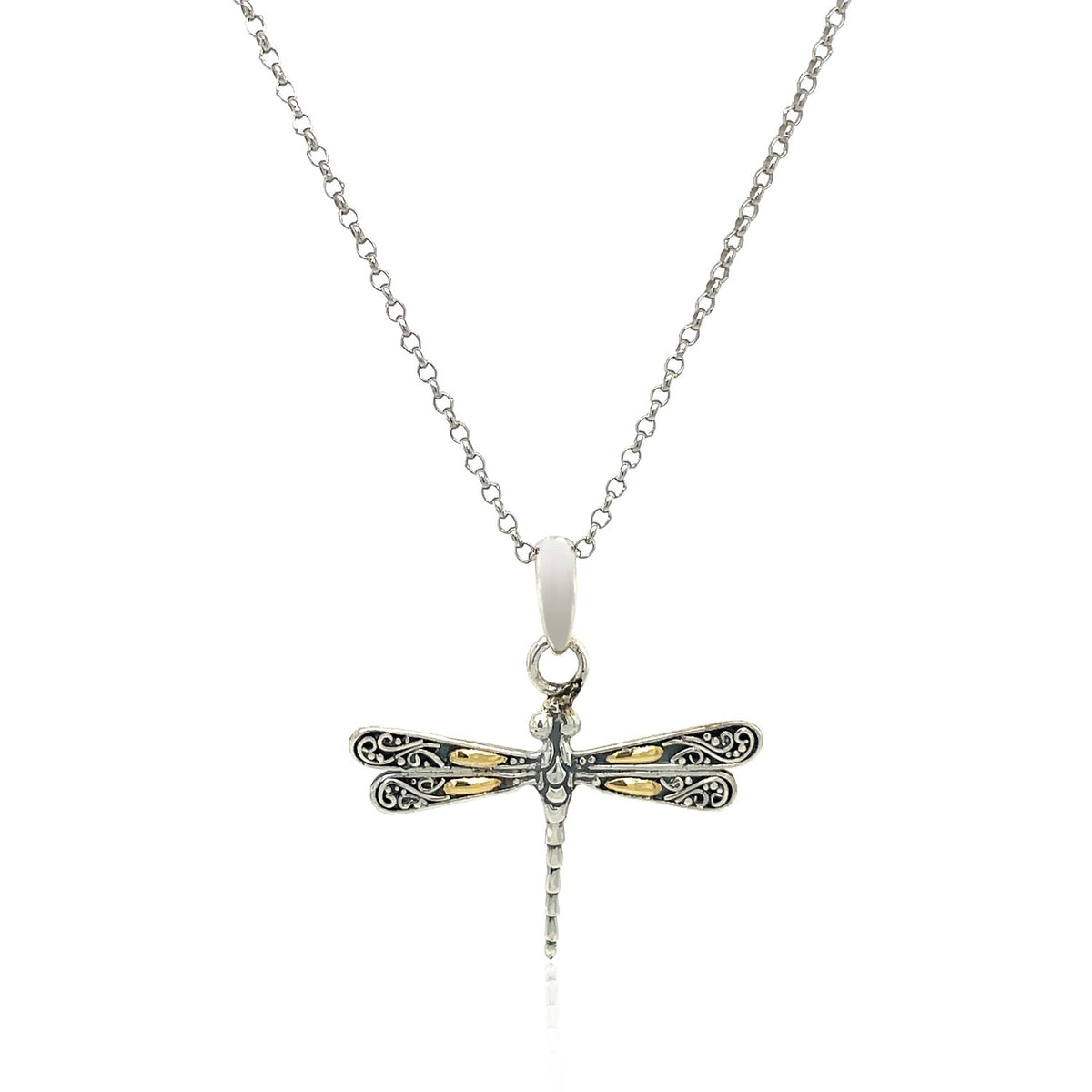 18K Yellow Gold and Sterling Silver Pendant in a Dragonfly Design, view 2