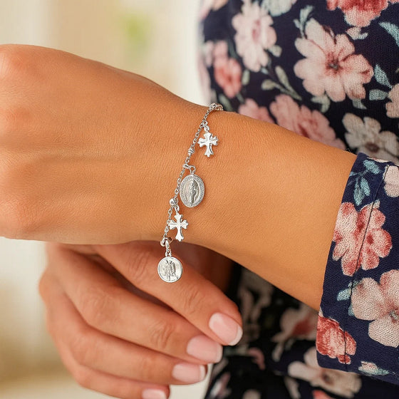 Sterling Silver 7 1/4 inch Bracelet with Crosses and Religious Medal Charms