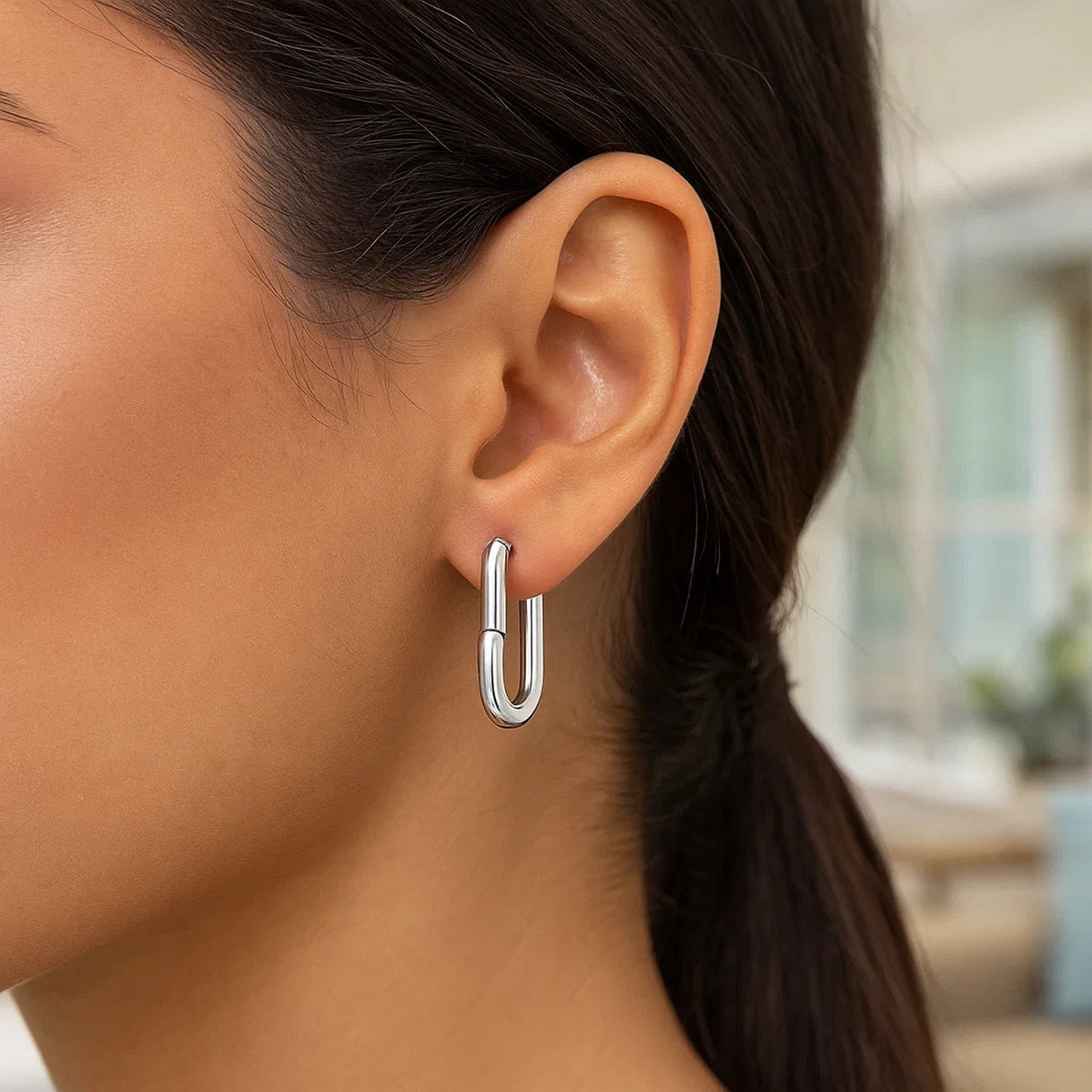 Sterling Silver Rhodium Plated Oval Hoop Earrings, view 3