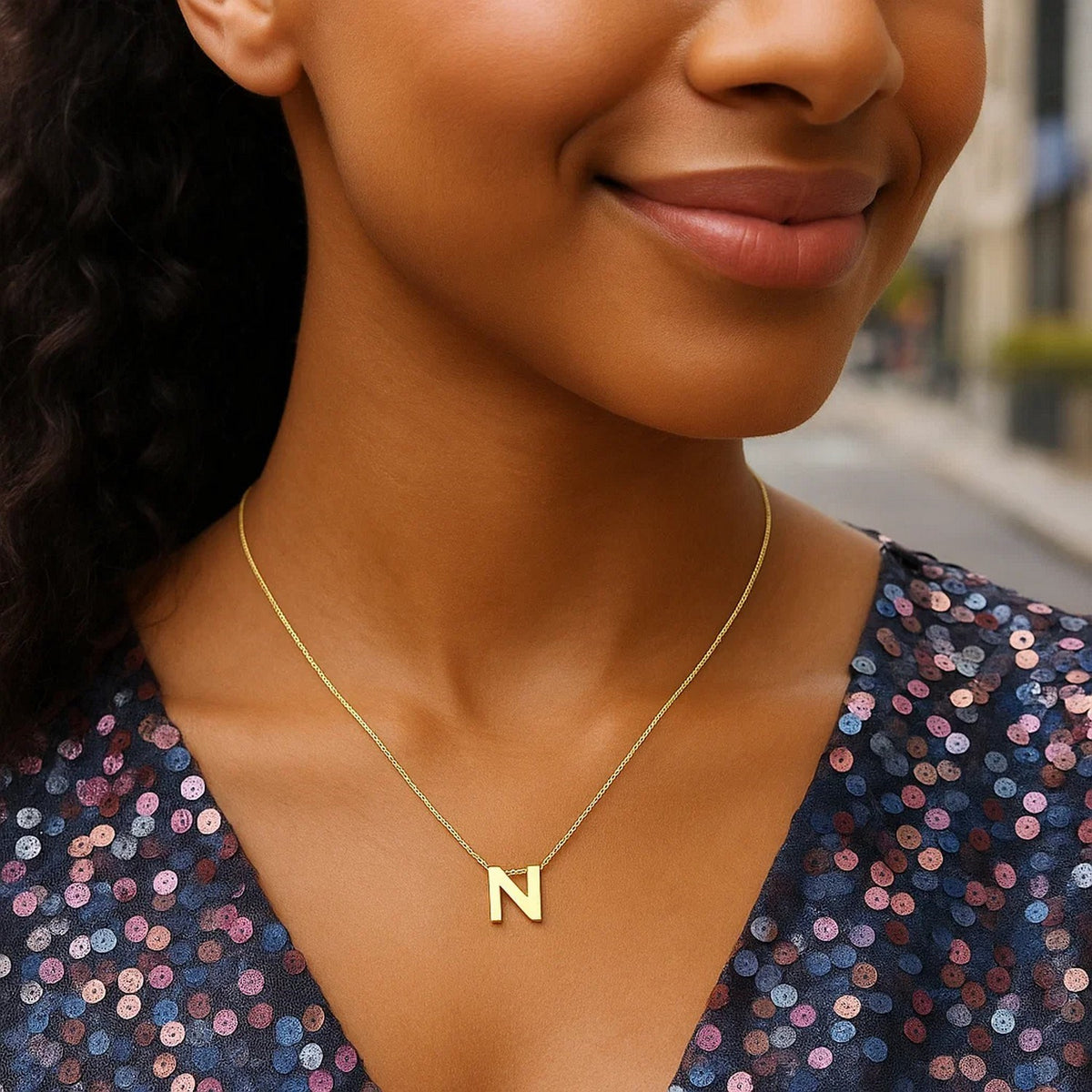 14K Yellow Gold Yours Truly Block Letter Initial N Necklace, view 4