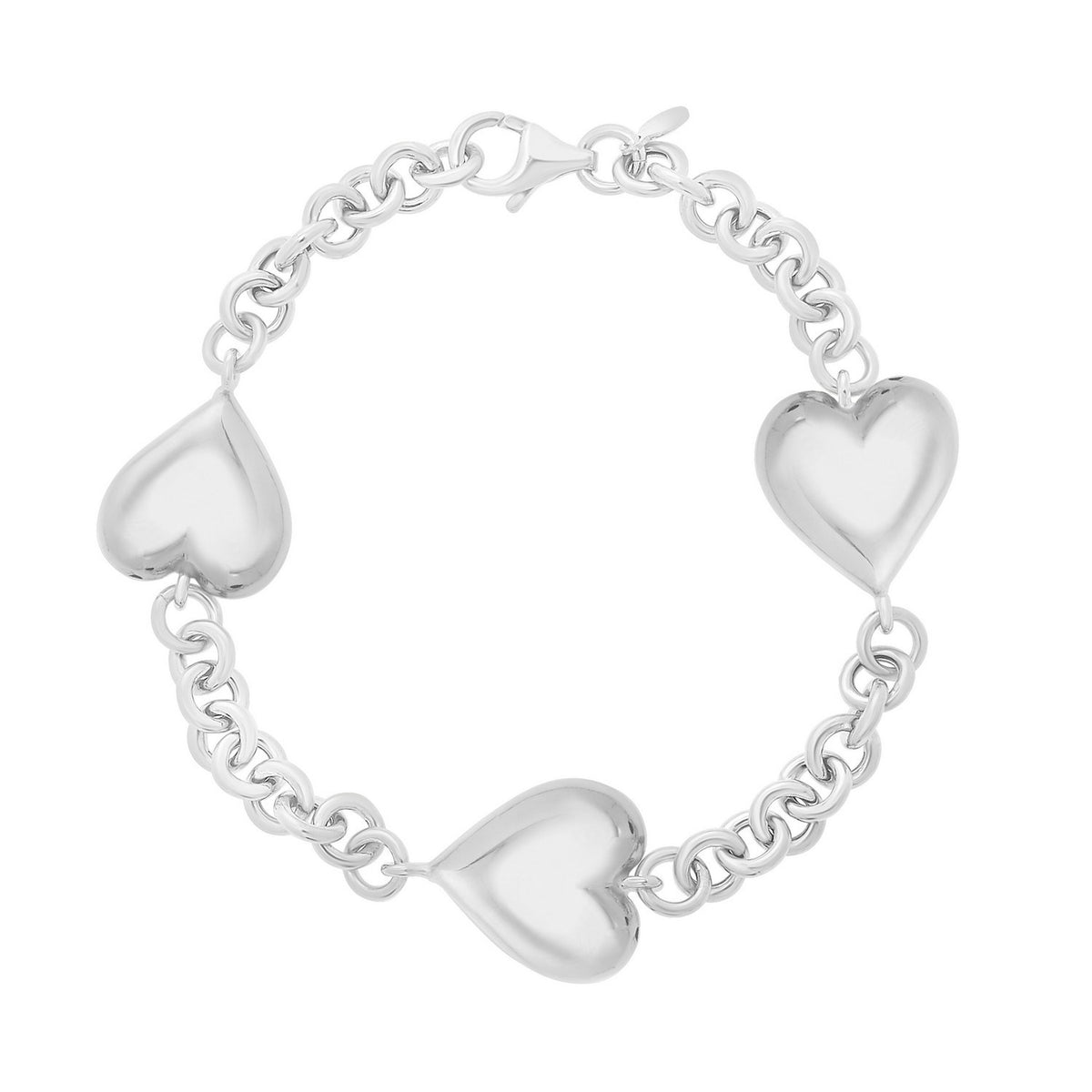 Sterling Silver Rhodium Plated Puffed Triple Heart Bracelet, view 2