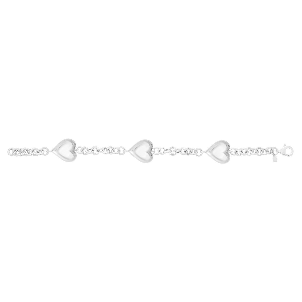 Sterling Silver Rhodium Plated Puffed Triple Heart Bracelet, view 3