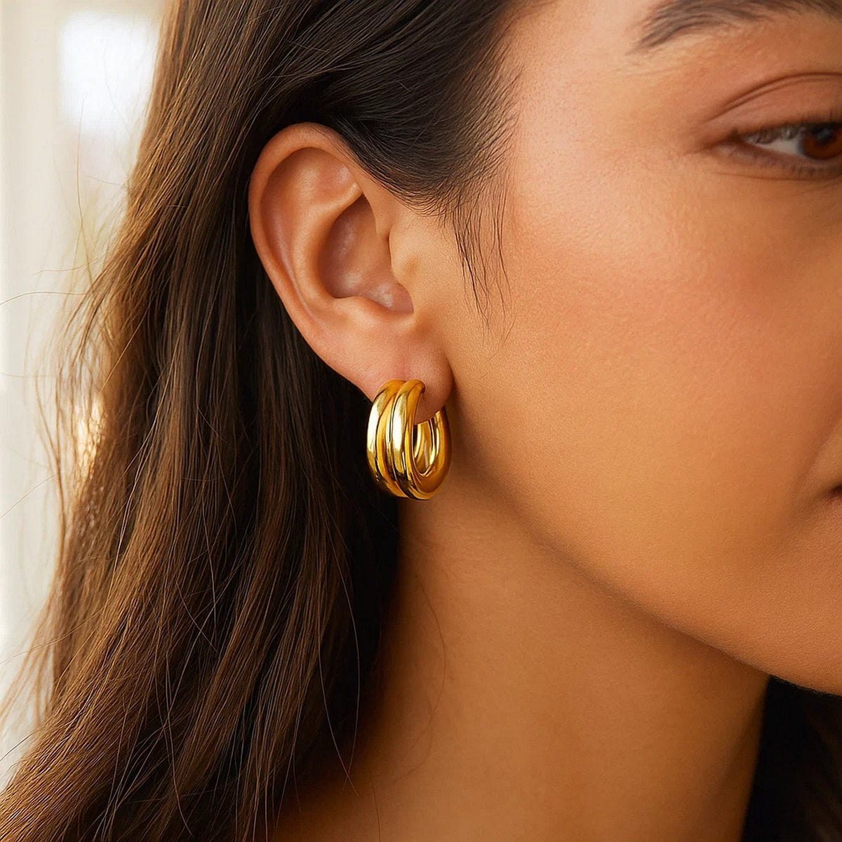 Sterling Silver Yellow Gold Plated Puffed Double Row Hoop Earrings, view 2