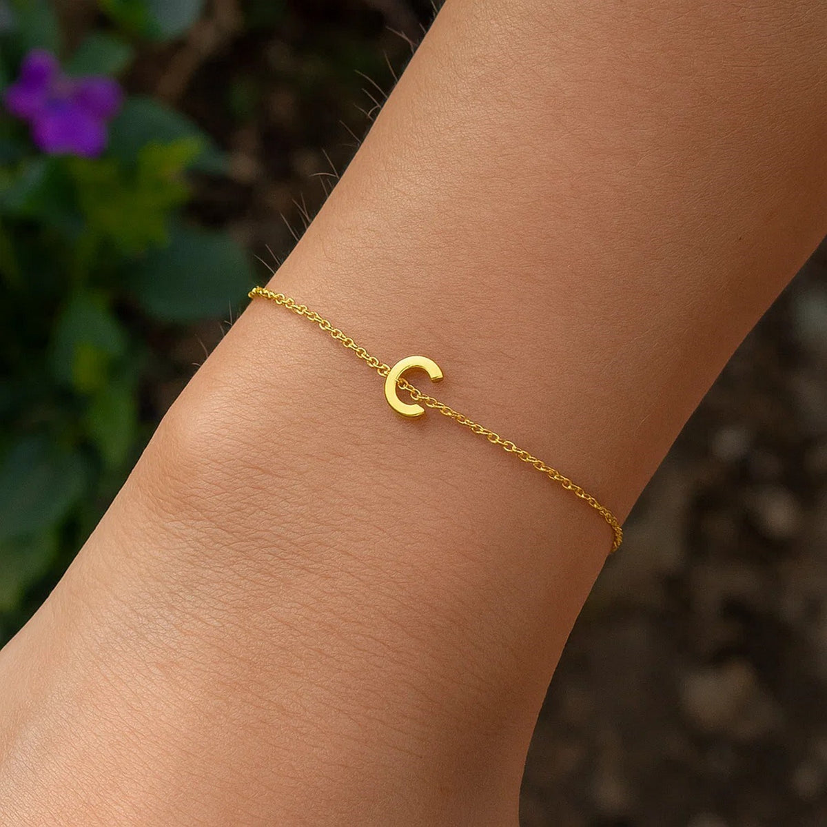 14K Yellow Gold Mini Initial C Bracelet, view 7