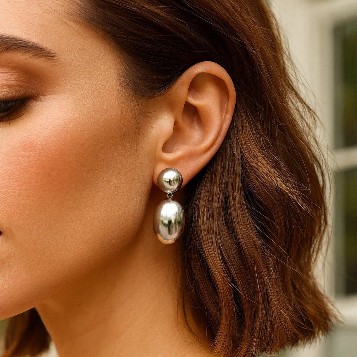 Sterling Silver Rhodium Plated Puffed Oval Double Button Drop Earrings, view 5