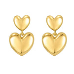 Sterling Silver Yellow Gold Plated Puffed Double Heart Drop Earrings, view 2