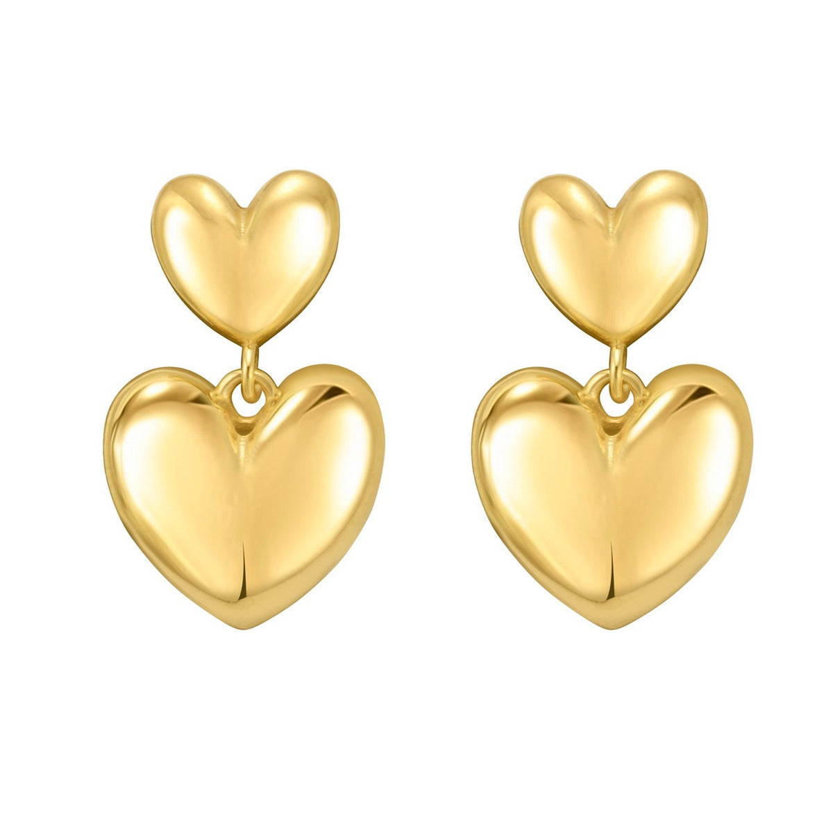 Sterling Silver Yellow Gold Plated Puffed Double Heart Drop Earrings, view 2